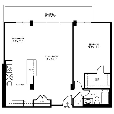 Floor plan for 1 bed, 1 bath, 963 sqft